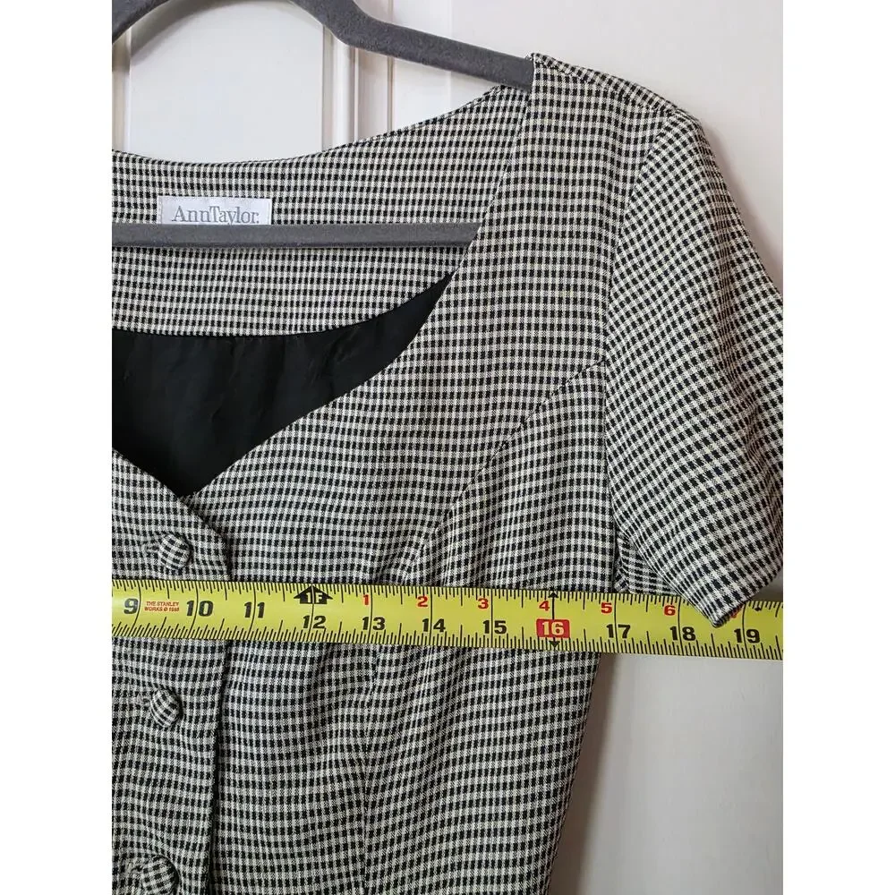 Vintage Ann Taylor Houndstooth Midi Dress Size 6 Black White Button Front 90s - Picture 4 of 7